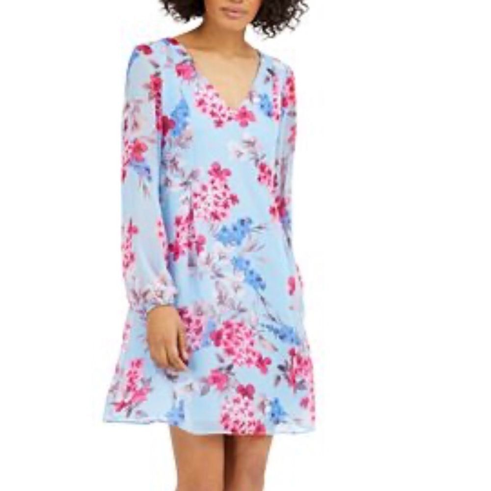 INC Floral-Print Chiffon Shift long sleeve V neck blue Dress size M
